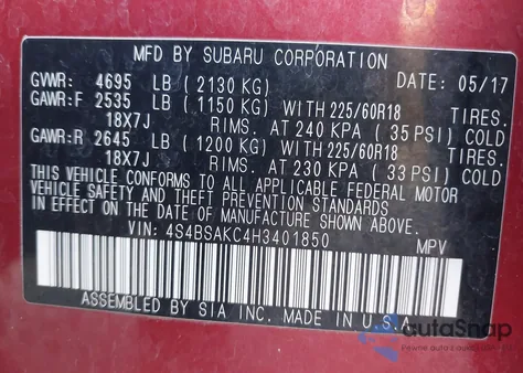 2017 Subaru Outback 2.5I Limited z USA, uszkodzony, nr VIN 4S4BSAKC4H3401850